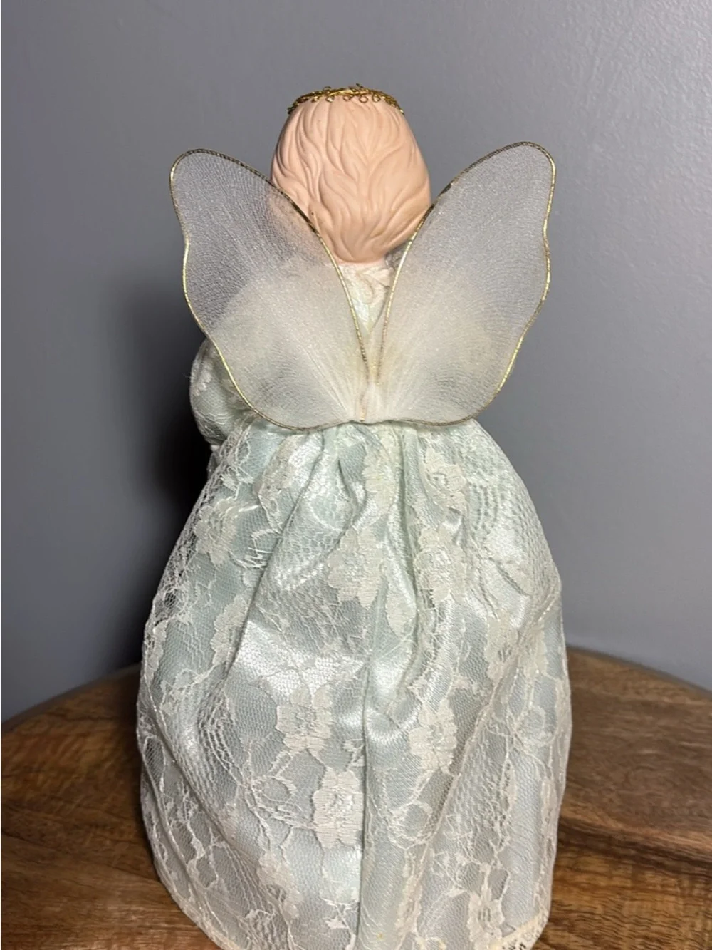 Vintage Porcelain Angel Christmas Tree Topper in Pale Green Lace Dress